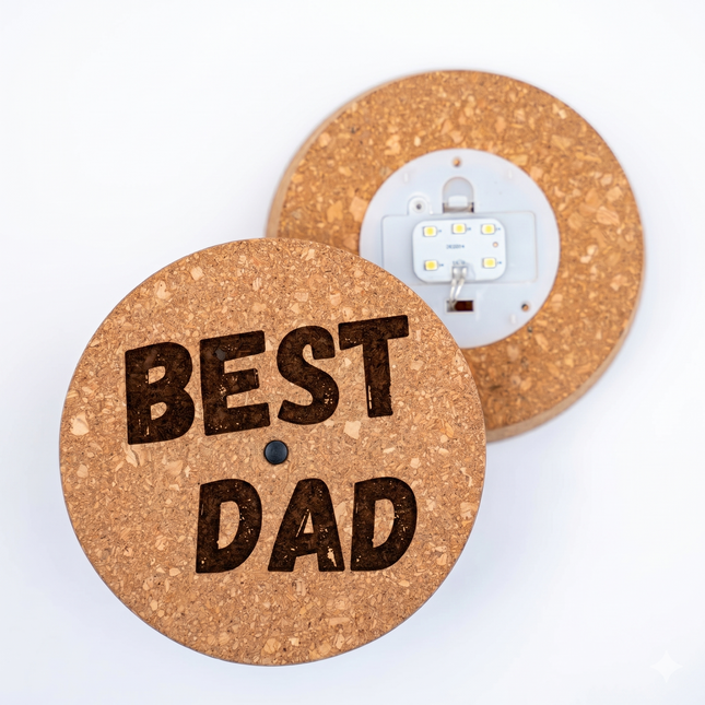 Gegraveerde LED-kurkdeksel – ‘BEST DAD’ – Voeg eigen tekst toe – Kurkmaat S (ENGELS)