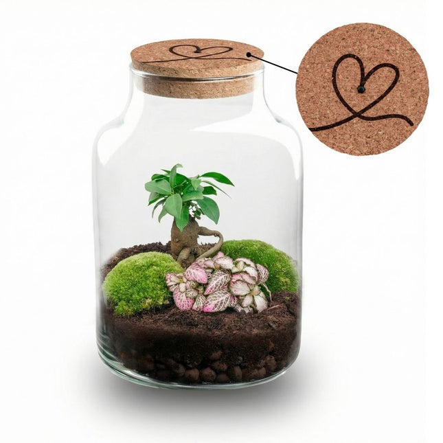 '♡' terrarium Little Milky + gegraveerde kurk met licht - Fles terrarium DIY kit - Ø 17 cm ↑ 25 cm - Moederdag & Valentijn-tip