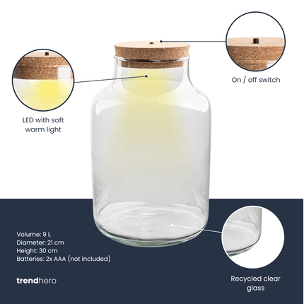 Bouteille terrarium 'Milky' avec LED - Ferme ↑ 30 cm