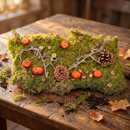 Kit deco automne - Citrouilles sechees, mousse, bois, pommes de pin