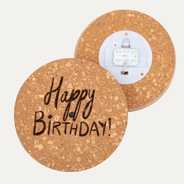 Engraved LED cork lid - 'HAPPY BIRTHDAY' - Custom text - Available in 3 sizes